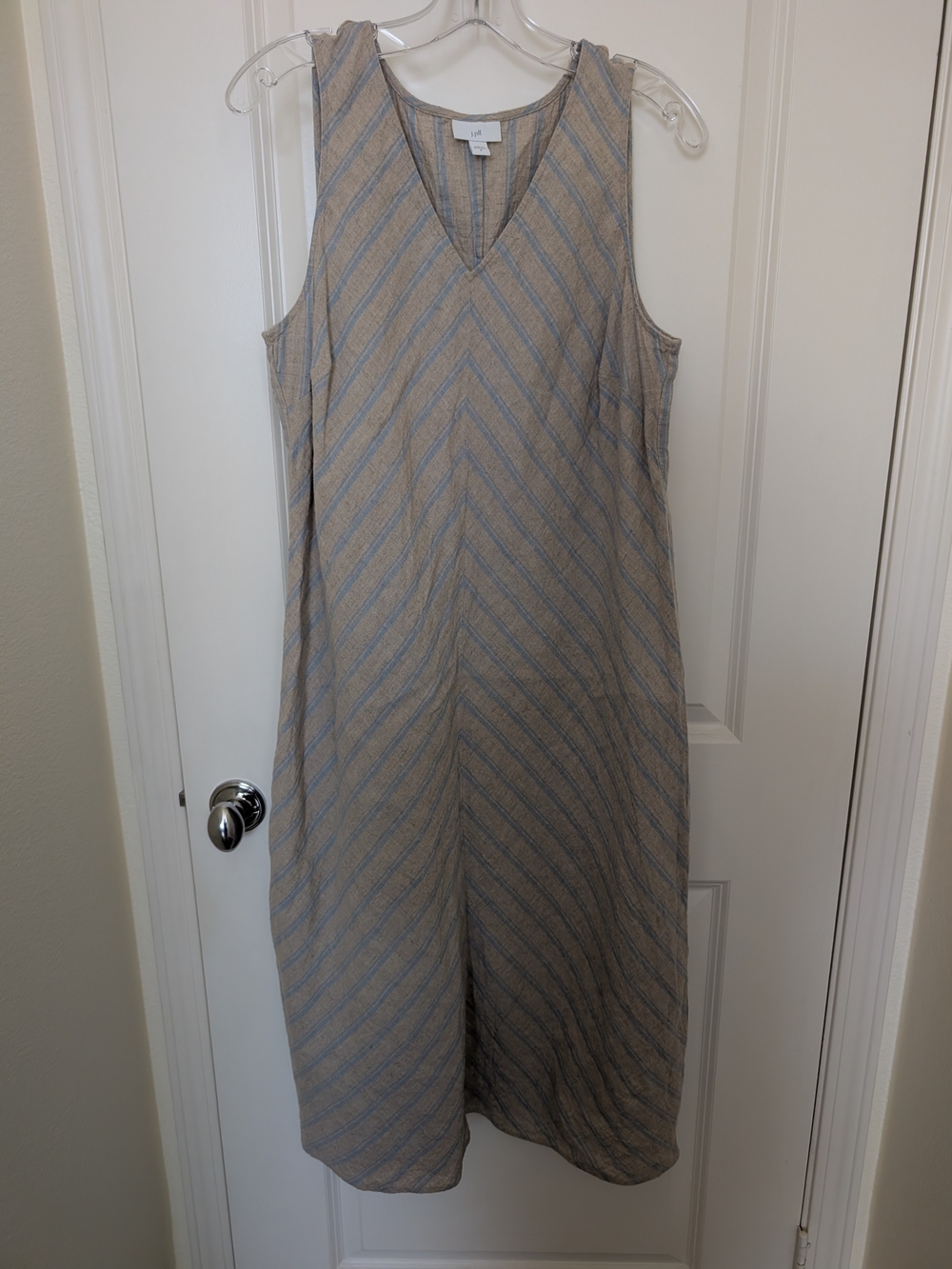 J. Jill Beige and Light Blue Striped V-Neck Maxi Dress